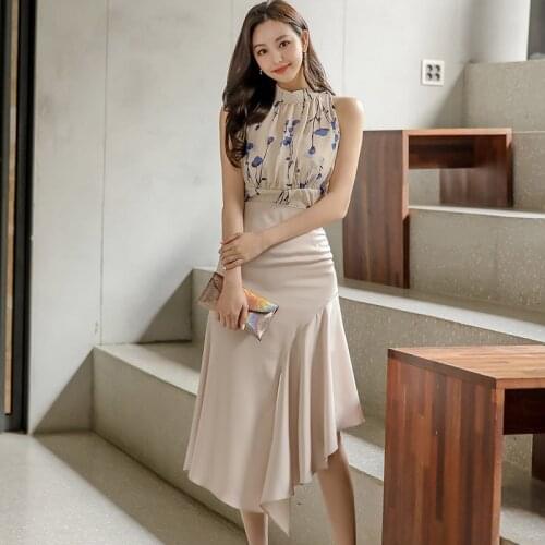 Office Lady Summer Two Piece Set Women Stand Neck Floral Print Sleeveless Tops + High Waist Split Warp Skirts Set Korean A995