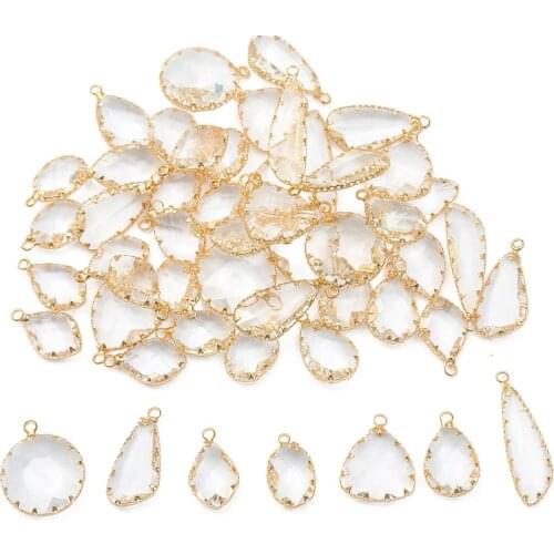 1pc/lot Faceted Glass Crystal Charm Gold Plated Copper Wrapped Flat Pendant For DIY Earrings Necklace Bracelet Jewelry Making