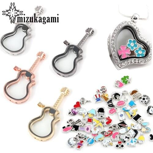 1pcs Alloy Magnetic Crystal Living Memory Guitar Locket Necklace Charms Pendant Fit Floating For DIY Jewelry Making Accessories