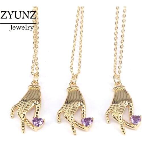 10PCS, Gold Color Fashion Jewelry Womens Hamsa Hand With Heart Zirconia Pendant Charms Necklace
