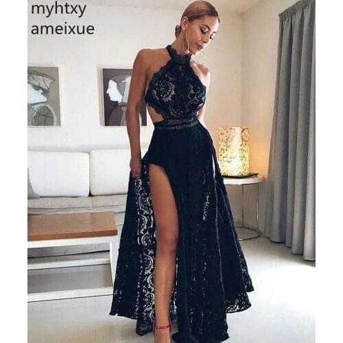2020 Cheap Black Sexy Lace Split Prom Dress African Black Girls Red Carpet Holidays Graduation Wear Evening Party Gown Plus Size