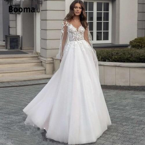 Booma Puffy Sleeve Lace Wedding Dresses Plus Size 2019 Boho Bridal Gowns Princess Tulle Wedding Gown Beach Party Dress Illusion