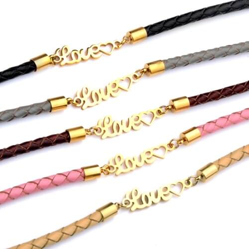 Stainless Steel Romantic Text Love Nameplate Bracelets Multicolor Genuine Leather Braid For Women Girl Gift Fashion Jewelry