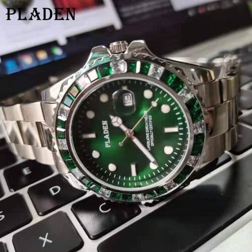 Men Watches PLADEN Luxury Fashion Green Diamond Bezel Sapphire Glass Wristwatch Automatic Date Dive AAA Clocks Dropshipping