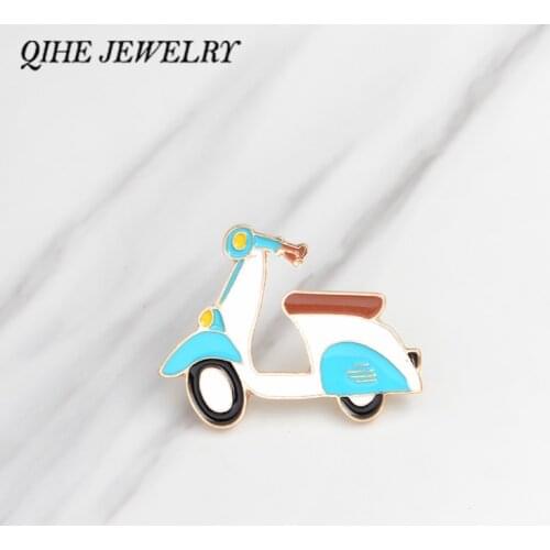 QIHE JEWELRY Brooches & pins Retro moto blue motorcycle brooch Hard enamel metal pins up Cartoon jewelry Gift for kids