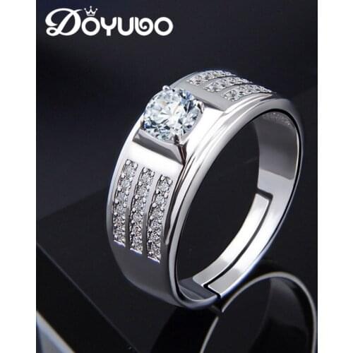 DOYUBO Adjustable Size Mens 925 Sterling Silver Rings With Full White Cubic Zirconia Male Fashion Anniversary Band Rings VB269