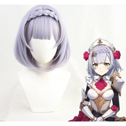 Genshin Impact Noelle Cosplay 35cm Braid Wig Short Silver Purple Wig Cosplay Anime Wigs Heat Resistant Synthetic Wigs Halloween