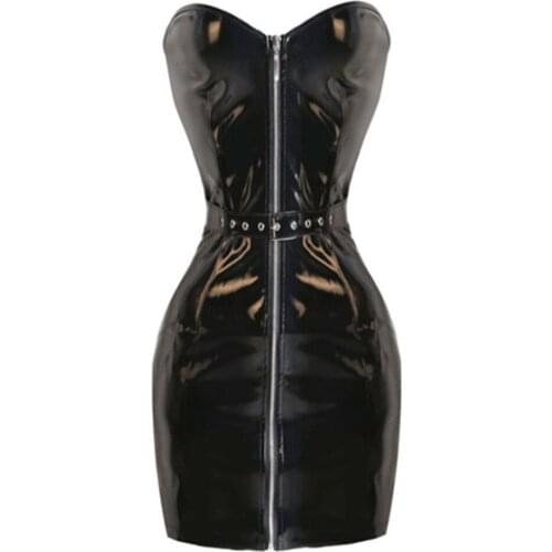Gothic Sexy Black Wet Look PVC Latex Dress Vinyl Zipper Adjustable Button Shiny Clubwear Bodycon Mini Dresses
