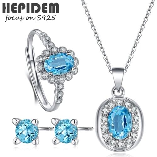 HEPIDEM 100% Really Topaz Necklace Rings Earrings Women 925 Sterling Silver Fashion Korean Natural Blue Fine Jewelry Set H3355