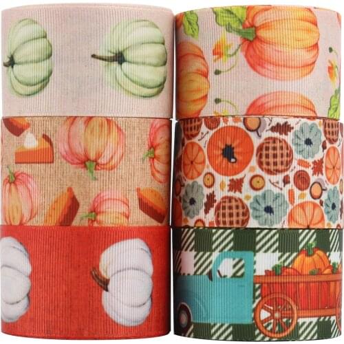 Free Shipping 50 Yards 16mm-75mm Cartoon Pumpkin Printed Grosgrain Ribbon For Handmade Bow Sewing Supplies