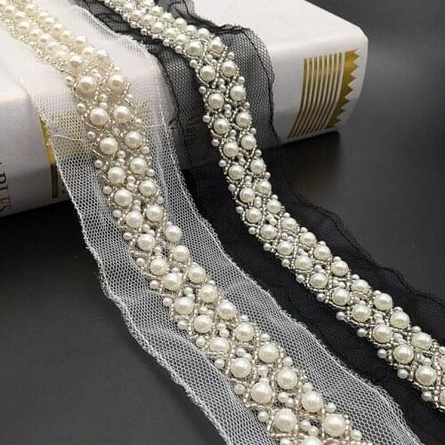 3Yds Beaded Lace Trim Pearl Fabric DIY Embroidered Collar Decoration Black For Sewing Wedding Dress Belt Sash Bridal Ribbon New