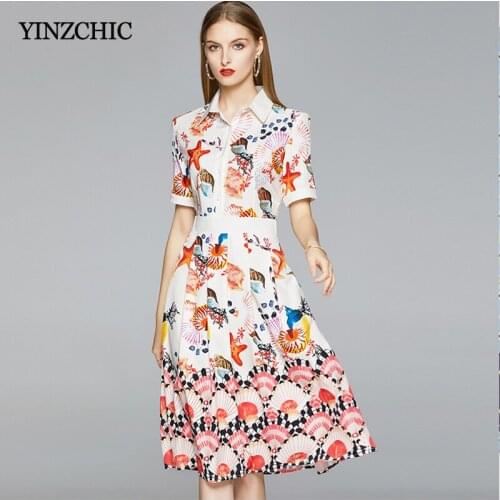 Summer New Woman Print Dress Turn-down Collar Female Shirt Skirts Office Sea-animal Printed Cute A-line Skirt Knee-length Mid