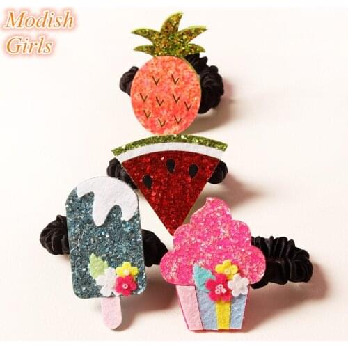 Hotsale Hair Bands 10pcs/lot Glitter Felt Shape Fruit Food Shape Watermelon Headbands Icecream Hairpins Pineapple Kids Hair Ties