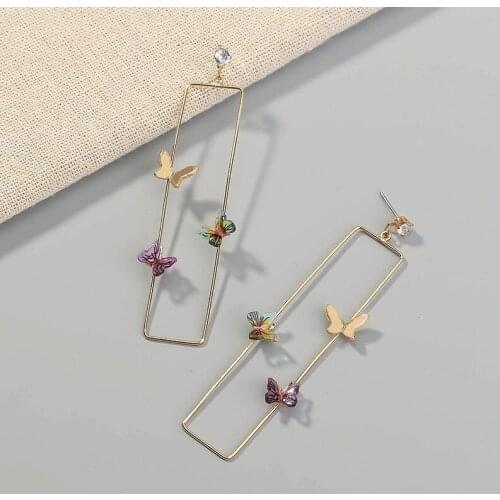 VSnow Minimalist Purple Green Enamel Butterfly Earrings for Women Gold Metal Hollow Square Geometric Drop Earrings Accessories