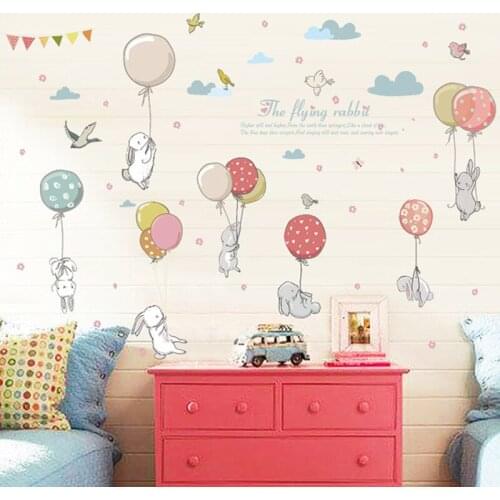 Cartoon Diy Super Cute Rabbit Balloon Wall Sticker For Kids Room Birds Cloud Decor Furniture Wardrobe Bedroom Living Room Decal