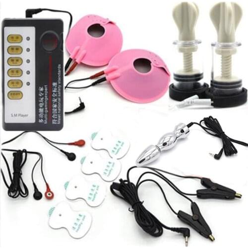 Electric Shock Kit, Anal Plug Penis Ring Massage Pads Nipple Clamps/Pads Electro Stimulate Catheter Sounds Medical Themed Toys