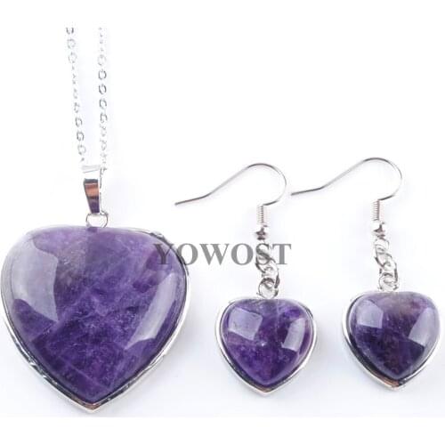Natural Amethysts Gem Stone Heart Pointed Reiki Chakra Beads Pendant Earrings Set Chain Necklace 18 inches Jewelry IQ3067