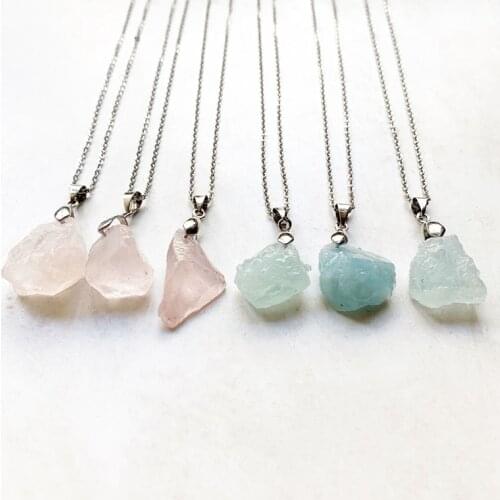 Raw Aquamarines Natural Jewelry Stone Pendant Pink Quartz Rough Stones Necklace Stainless Steel Chain Jewelry New Arrival