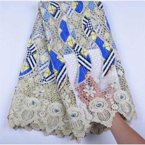 Latest African Wax Print Fabrics Embroidered African Ankara Wax Lace Fabric With Guipure Lace Border For Daily Party Dress S1587