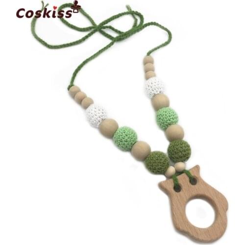 Baby Teether Necklace Safe Natural Teething Grasping Necklace Toy Wooden Animal Wooden Crochet Beads Baby Nursing Teether Toy