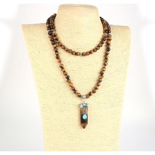 Reiki Hexagonal Bullet Natural Stone Pendant Necklace For Men Women 8mm 108 Mala Beads Long Necklace Male Rosary Jewelry