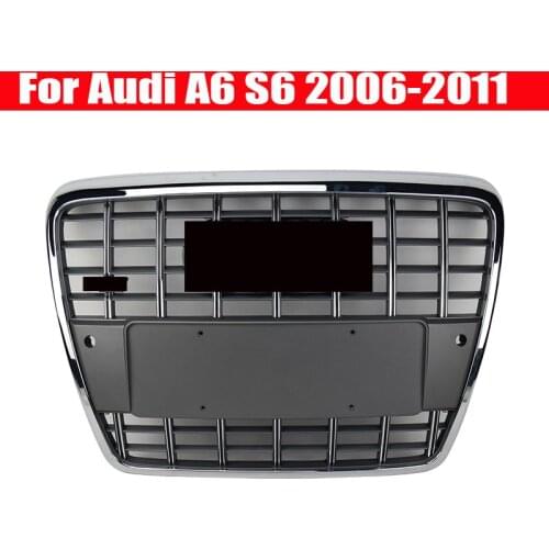 S6 Style Front Grille Grill For Audi A6 C6 2006 2007 2008 2009 2010 2011 Chrome Frame And Ring Gray Mesh