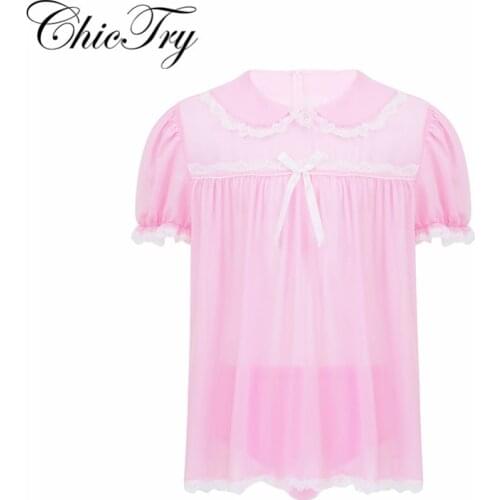 Sexy Men Adults Sissy Chiffon Lingerie Floral Outfit Doll Collar Short Puff Sleeve Frilly Dress with Ruffled Underwear Panties