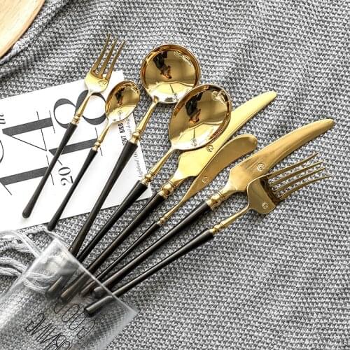 Luxury Golden 304 Stainless Steel Flatware Western Cutlery Set Steak Knife Coffee Dessert Tableware Black Handle Knife and Fork