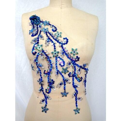 Hand made deep blue/clear AB colour sew on Rhinestones sequins applique Peacock Shape crystals trim patches 43*22cm dress