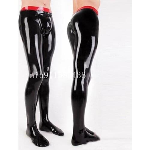 Sexy Black Latex Men Pants Codpieces with Socks Front Zipper Rubber Trousers Jeans Customize