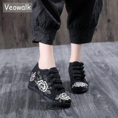 Veowalk New 6cm Hidden Platform Women Embroidered Canvas Sneakers Low Top Ladies Casual Cotton Embroidery Comfort Creepers Shoes