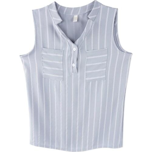 Neatie kiddie Fashion 2019 OL Sleeveless Stripe Blouse Women Shirt Summer Casual Basic V-neck Loose Large Blouse Tops