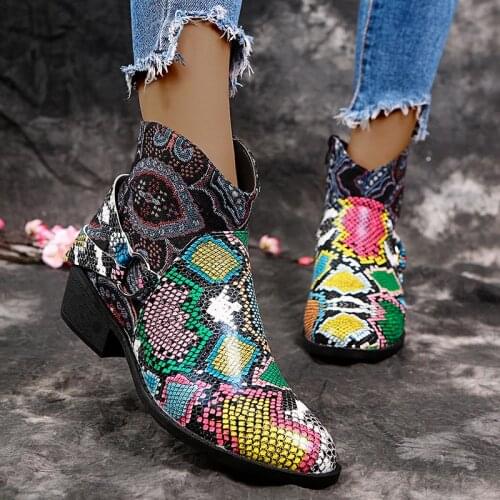 Women Ankle Boots Side Zipper Snakeskin Pattern PU Leather Fashion For Girl Winter Mixed Color Womens Shoes Low Heel Ladies