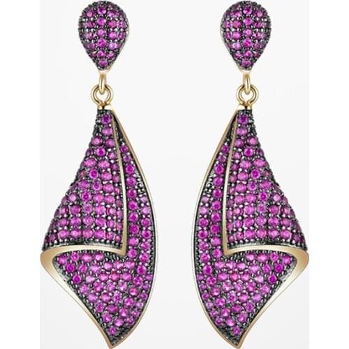 S925 Sterling Silver Earrings Water Droplets Style Purple Red CZ Crystals Leaf Pendant Earrings For Women Sexy Luxury Jewelry