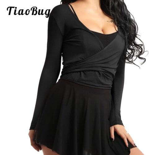 Women Girls Long Sleeve Dance Tops Ballet Latin Gymnastics Tie Wrap Modal Dancing Tops Casual Crop Shirts