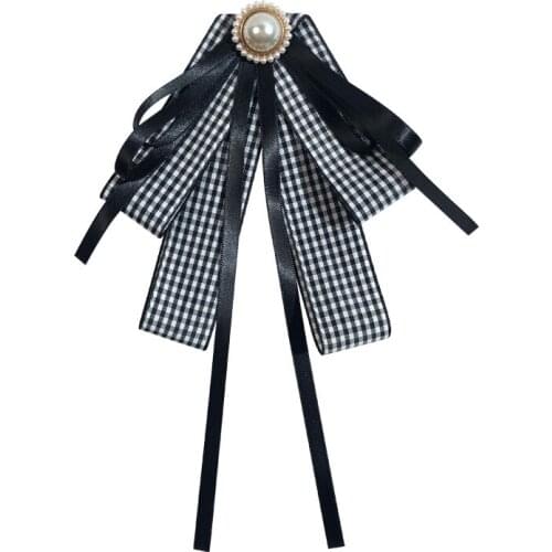 Korean College Style Bow Tie Pins Womens Girl Fashion Uniform Shirt Dress Accessories Pearl Plaid Ribbon Brooch Collar Flower