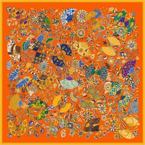 Silk Scarf Women Floral Fans Print Square Scarves Head Echarpes Silk Foulards Femme Wraps Beach Shawls Bandana Lady Hijabs 90CM