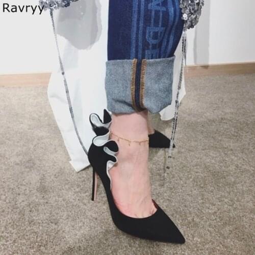 2018 Black Suede Leather Woman high heel Flouncing Decor Elegant Female Party dress Shoes Pointed Toe Sexy Pumps stiletto heels