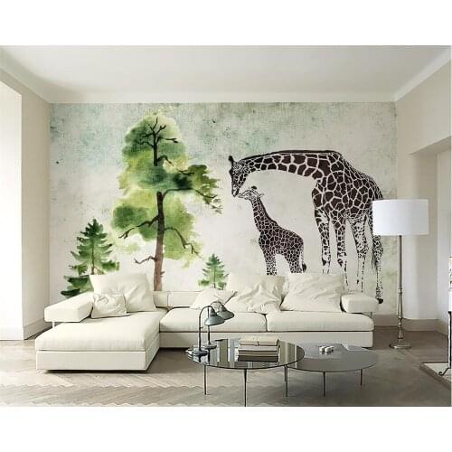 Beibehang Custom wallpaper watercolor green tree giraffe sofa television background wall living room bedroom murals 3d wallpaper
