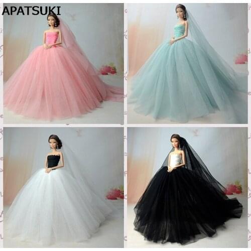 4pcs/lot Doll Dresses Handmade Long Tail Evening Gown Clothes Lace Wedding Dress +Veil For Barbie Doll 1/6 Doll Accessories