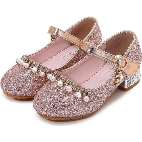 Glitter Girls Shoes Princess Children Mary Janes Kids Leather Shoes High Heels Pearl Beading Rhinestone Sequins Shoes For Party