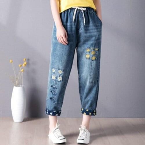 Womens Summer Fashion Elastic High Waist Floral Embroidery Patchwork Retro Ankle Length Denim Pant Female Casual Loose Jeans