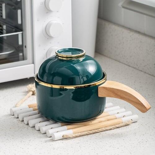 Glazed ceramic instant noodles cup bowl wooden handle creative Japanese and Korean family tableware set with lid