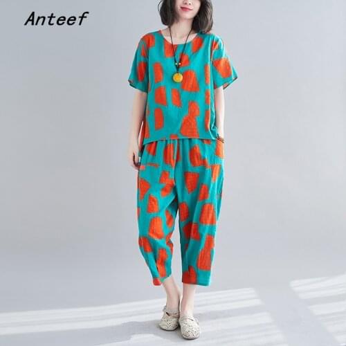 Cotton linen vintage summer casual 2 two piece set loose tee t shirt women t-shirt ladies tshirt 2021 tops Harem pants