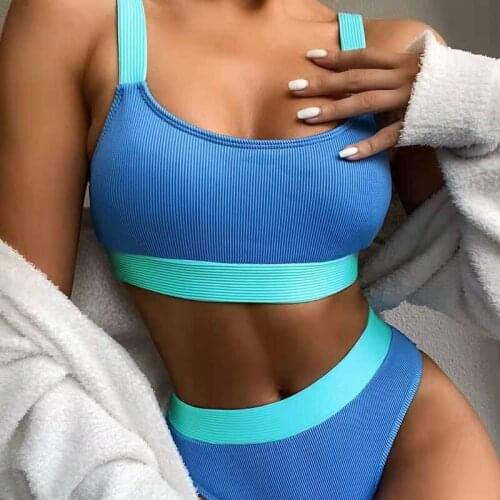 High Waist Bikinis Set Women Female Splicing Bandeau Swimsuits Sexy Knitted Split Swimwear Beachwear Sports Bathing Suit YMBK003