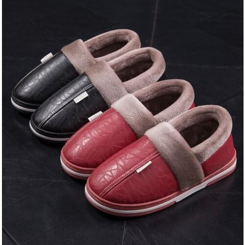 Men and Women PU Leather Cotton Slippers with Winter Home Indoor Warm Couple Anti-skid Leather Shoes Waterproof Waterproof