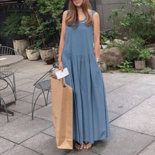 2021 ZANZEA Stylish Denim Blue Dress Womens Summer Sundress Casual Sleeveless Tank Vestidos Female Pleated Robe Oversized 5XL
