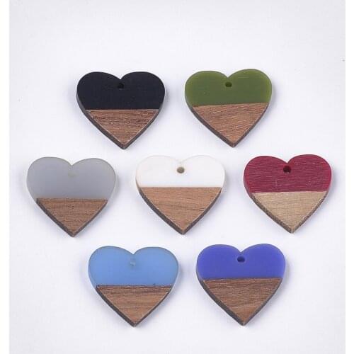 50Pcs Heart Resin & Wood Pendants Charms Mixed Color For Jewelry Making DIY Earrings Necklace Findings 24x25x3.5~4mm, Hole: 2mm