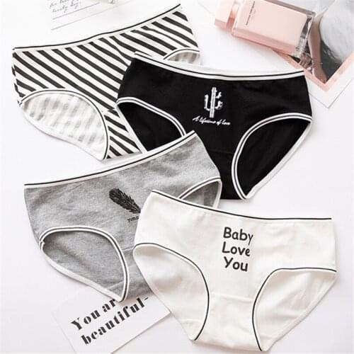 Simple Ins Wind Stripe Letter Comfortable Underwear For Women Sexy Large Size Cotton Middle Waist Girls Briefs Wholesale