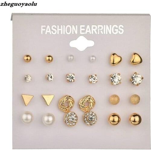 Brincos Fashion 12 Pair/set Women Square Crystal Heart Earrings For Women Piercing Simulated Pearl Flower Earrings Set Free